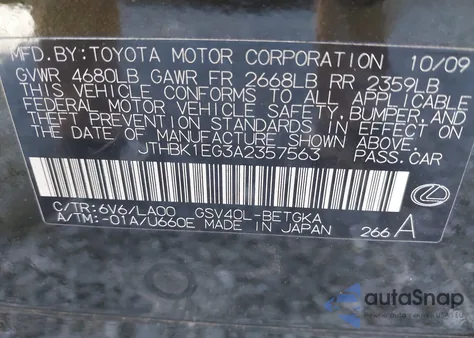 2010 Lexus Es 350 z USA, uszkodzony, nr VIN JTHBK1EG3A2357563